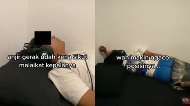 Viral Cowok Kapok Tidur Pakai Headset. (TikTok)