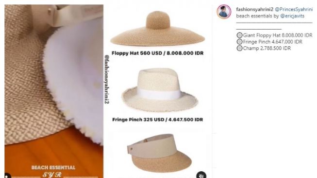 Koleksi topi Syahrini. (Instagram/@fashionsyahrini2)