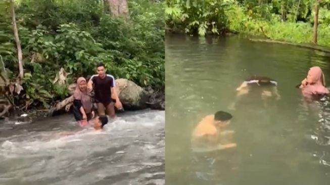 Viral Muda-mudi Niat Healing di Sungai Nyaris Berakhir ke Beda Alam. (TikTok)