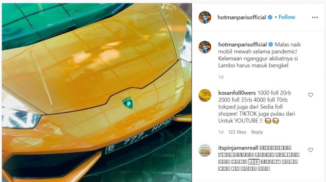 Mobil Hotman Paris terpaksa masuk bengkel karena jarang dipakai selama pandemi (Instagram)