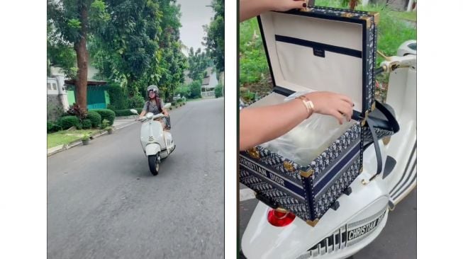 Selebgram cantik, Anggie berbelanja tempe menggunakan Vespa 946 Christian Dior (TikTok)