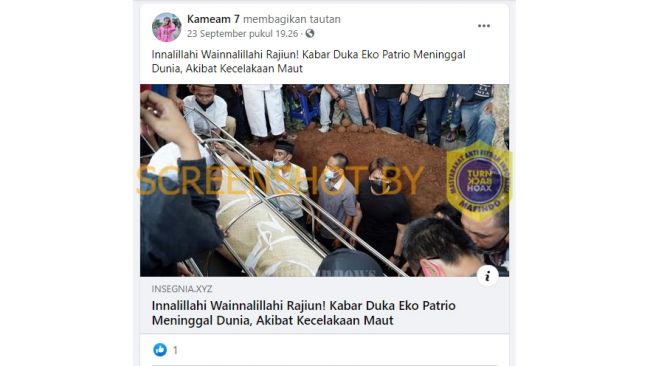 Beredar kabar Eko Patrio meninggal dunia. Bahkan ada narasi ucapan bela sungkawa Innalillahi Wainnalillahi Rajiun  Eko Patrio meninggal dunia. 