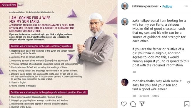 Zakir Naik mencari calon menantu, harus penuhi 15 kriteria ini. (Instagram/@zakirnaikpersonal)