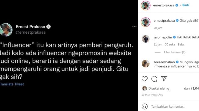 Unggahan Ernest Prakasa [Instagram/@ernestprakasa]