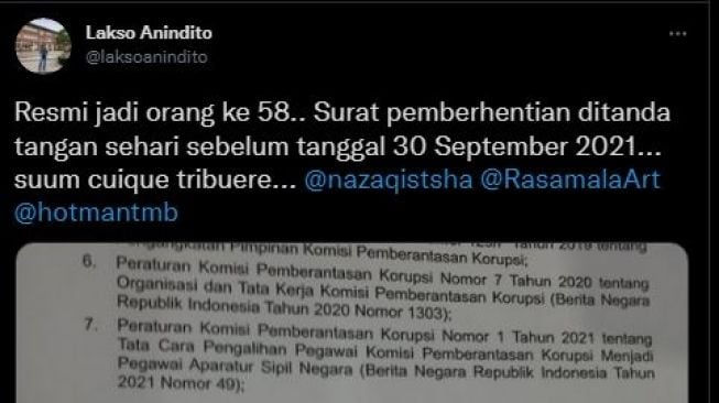 Surat Pemecatan Penyidik KPK Lakso Anindito Baru Diteken Sehari Sebelum 30 September