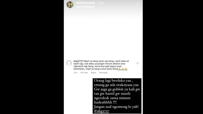 Unggahan istri Onad yang emosi kegugurannya dikaitkan dengan alkohol dan rokok [Instagram/@bebyleonardo]