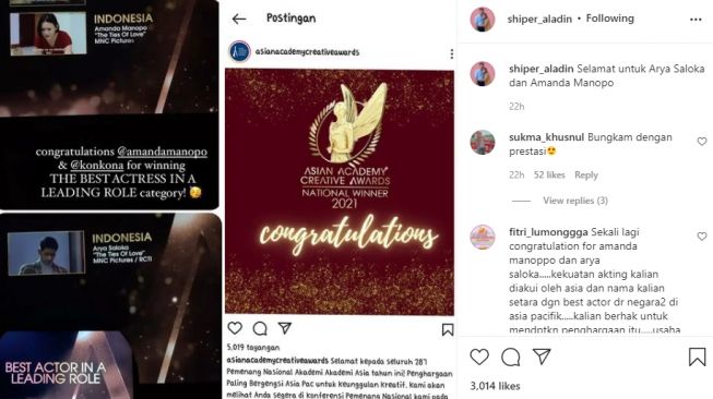 Kemenangan Amanda Manopo dan Arya Saloka di ajang internasional [Instagram/@shiper_aladin]