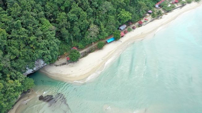 Foto udara lokasi mata air Sungai Tamborasi, di Kecamatan Tamborasi, Kolaka, Sulawesi Tenggara, Jumat (1/10/2021).  ANTARA FOTO/Jojon
