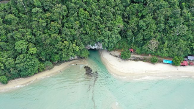 Foto udara lokasi mata air Sungai Tamborasi, di Kecamatan Tamborasi, Kolaka, Sulawesi Tenggara, Jumat (1/10/2021).  ANTARA FOTO/Jojon
