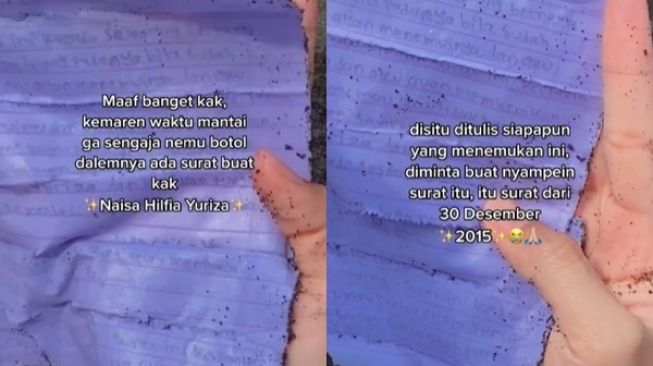 Viral Cewek Temukan 'Harta Karun' Surat Cinta di Pantai. (TikTok)