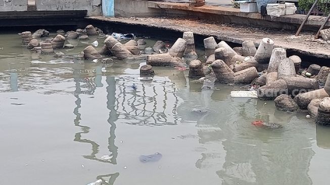 Penampakan air laut di Muara Angke, Jakarta Utara yang tercemar parasetamol. (Suara.com/Arga)