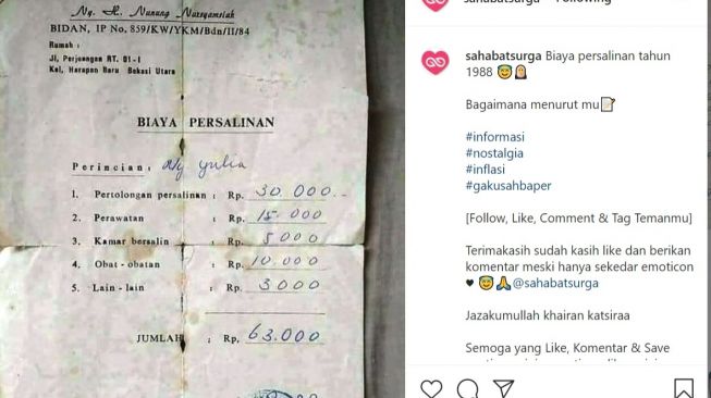 Foto biaya persalinan tahun 1988. (instagram)