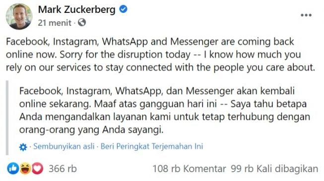 Status facebook Mark Zuckerberg yang menuliskan permohonan maaf atas gangguan. (Facebook)