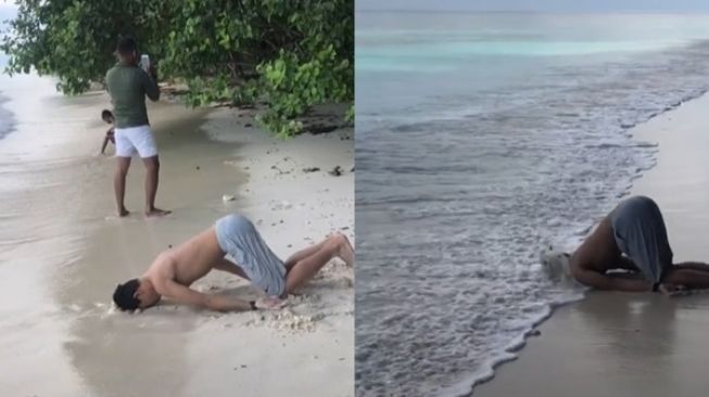 Viral Aksi Cowok di Pantai Bikin Speechless: Kepala Ngesot Terjang Ombak