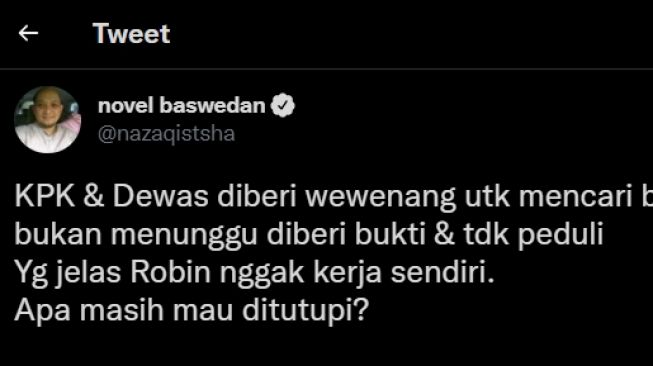 Tangkapan layar cuitan Novel Baswedan. (Twitter)