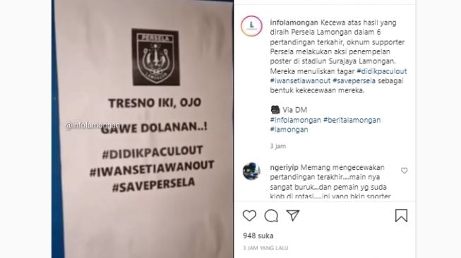 Kecewa Performa Tim, LA Mania Hiasi Stadion Surajaya dengan Poster Satire Sindir Persela