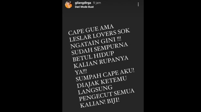 Amarah Gilang Dirga diserang penggemar Lesti Kejora dan Rizky Billar [Instagram/@gilangdirga]