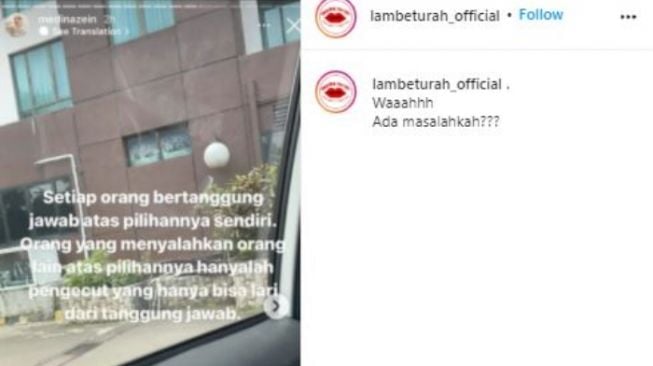 Medina Zein pamer wajah lebam dan sebut suami pengecut. (Instagram/@lambeturah_official)