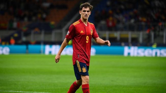 Gelandang Spanyol, Pablo Gavi mengulangi pertandingan sepak bola semifinal UEFA Nations League antara Italia dan Spanyol di stadion San Siro (Giuseppe-Meazza) di Milan, pada 6 Oktober 2021.FRANCK FIFE / AFP.