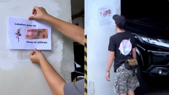 Viral Cowok Pose Anime Demi Ambil Uang di Tembok Parkiran, Aksinya Bikin Ngakak