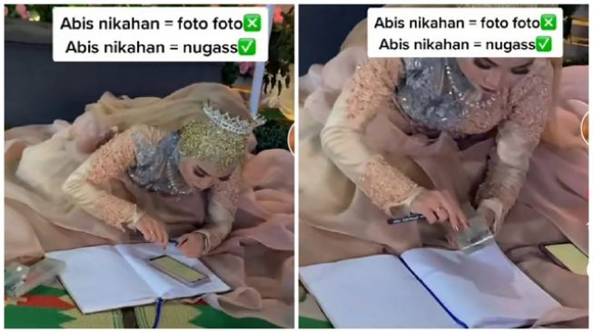 Habis Nikah Langsung Garap Tugas, Mempelai Wanita ini Ngerjain soal di Lantai