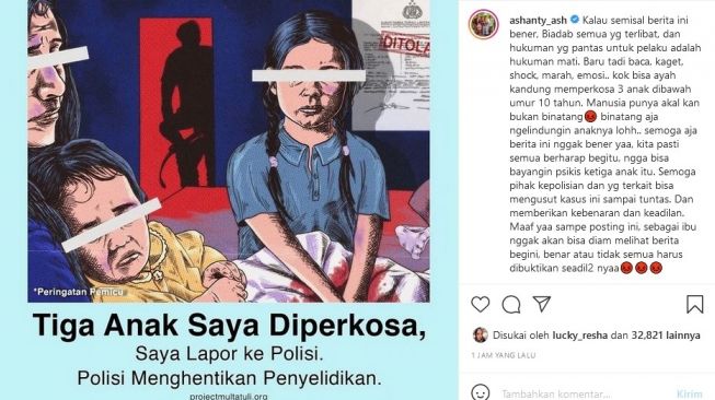 Ashanty menyampaikan kegeramannya soal kasus tiga anak di bawah usia 10 tahun diperkosa ayah sendiri di Luwu Timur, Sulawesi Selatan. [Instagram]