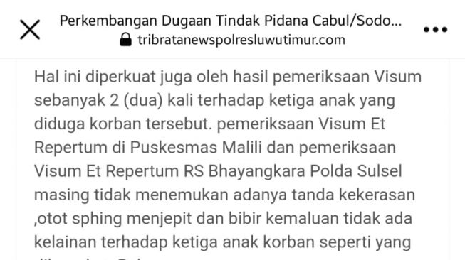 potongan berita tribatanewspolres Luwu Timur. (facebook)