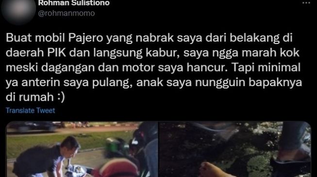 Cuitan Rohman Sulistiono tentang kecelakaan tabrak lari yang dialaminya. (twitter)