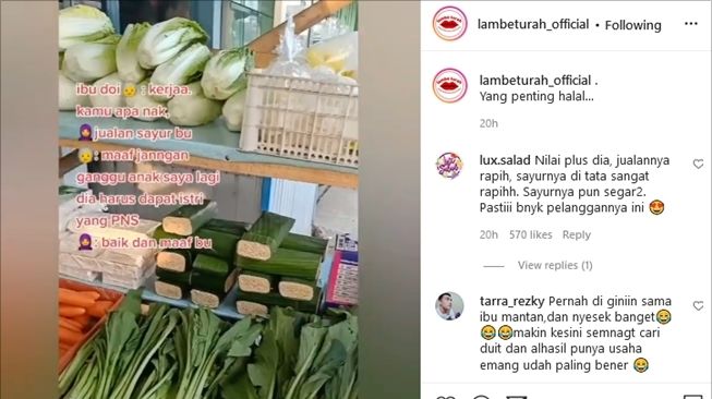 Viral cerita cinta tak direstui karena cuma dagang sayur, tabungan wanita ini ternyata mengejutkan. (Instagram/@lambeturah_official)