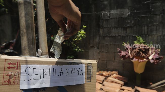 Warga memberikan uang usai melihat tanaman yang diduga bunga bangkai yang mekar di pekarangan rumah warga di Jalan Bunga Rampai RT 011 RW 003, Cipete Selatan, Cilandak, Jakarta, Selasa (12/10/2021). [Suara.com/Angga Budhiyanto]