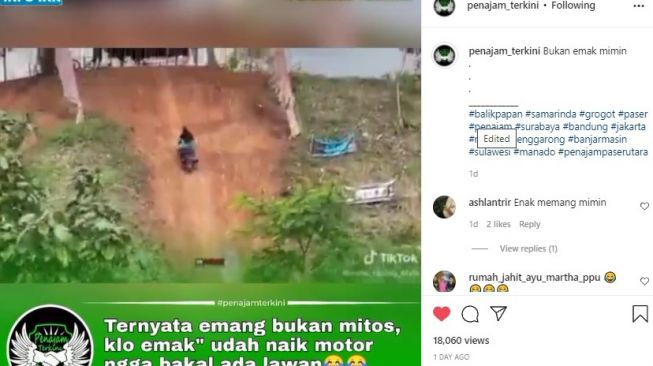 Viral Ibu-ibu Naik Tanjakan Tanah Pakai Motor Matic, Warganet: Sembah Sujud