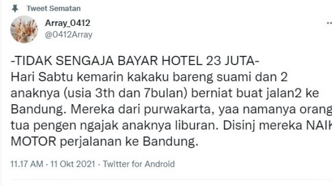 Tak sengaja bayar hotel 23 juta (twitter.com/0412Array)