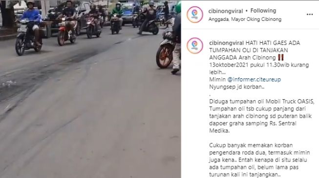Viral, Banyak Pengendara  Roda Dua Berjatuhan Akibat Oli Tumpah di Cibinong Bogor