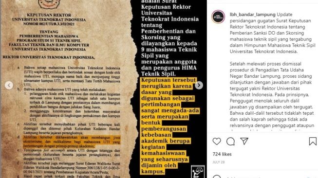 Sanksi aademik mahasiswa UTI (instagram.com/lbh_bandar_lampung)