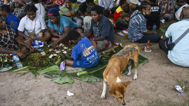 Warga menggelar pesta adat bakar batu di Kabupaten Merauke, Papua, Rabu (13/10/2021). [ANTARA FOTO/Galih Pradipta]