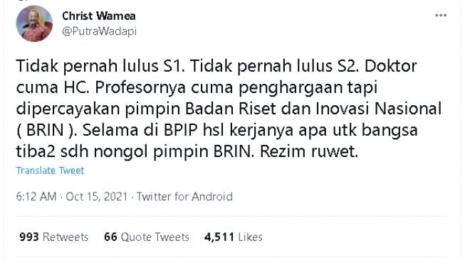 Cuitan Christ Wamea sindir dilantiknya Megawati sebagai Ketua Dewan Pengarah BRIN (twitter)