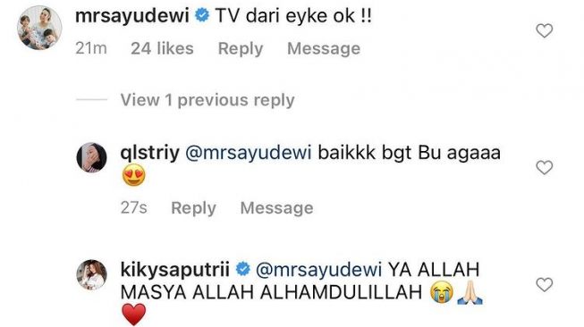 Ayu Dewi ke Kiky Saputri. (Instagram/@mrsayudewi)