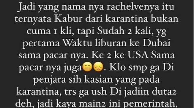 Nikita Mirzani mengungkap kalau Rachel Vennya sudah dua kali kabur saat menjalani karantina. [Instagram]