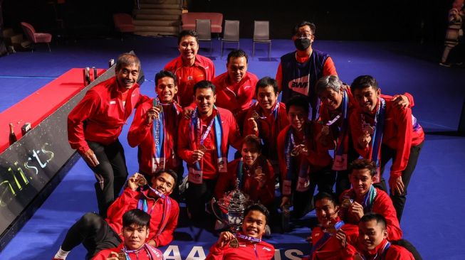 Tim beregu putra Indonesia meraih gelar juara Piala Thomas 2020 setelah mengalahkan China 3-0 dalam laga final di Ceres Arena, Aarhus, Denmark, Minggu (17/10/2021) malam WIB. [BWF/Badminton Photo]