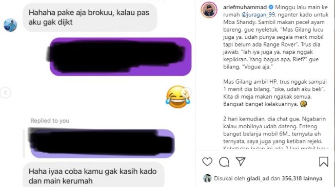 Arief Muhammad ketiban rezeki dari Gilang Widya Pramana (Instagram)