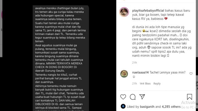 Unggahan warganet soal TL yang diduga Thalita Latief menjadi pelakor [Instagram/@playitsafebabyofficial]