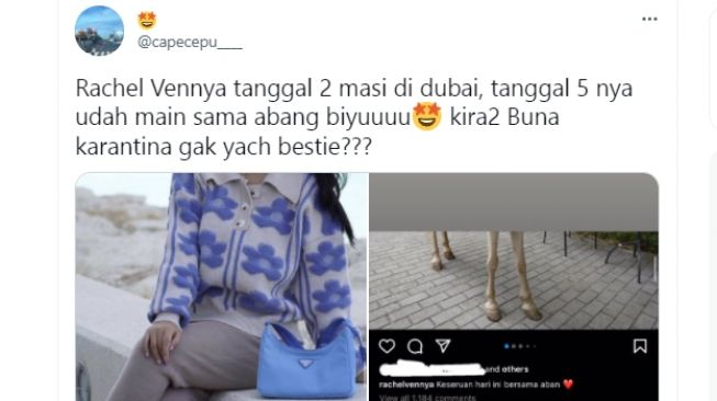 Warganet pertanyakan Rachel Vennya menjalani karantina mandiri atau tidak pulang dari Dubai [Twitter/@capecepu___]