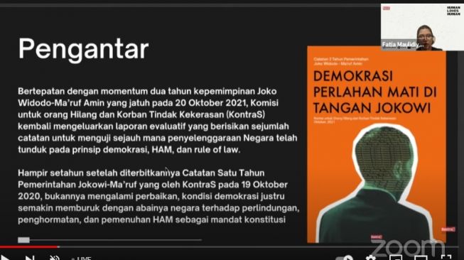 Pemaparan KontraS dalam konferensi pers bertajuk Catatan 2 Tahun Pemerintahan Joko Widodo - Ma'ruf Amin: Demokrasi Perlahan Mati di Tangan Jokowi secara virtual, Selasa (19/10/2021). [Tangkapan layar/Ria Rizki]