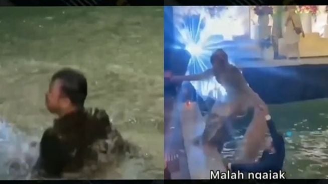 Viral Pengantin Pria Terpeset ke Kolam Renang. (TikTok)