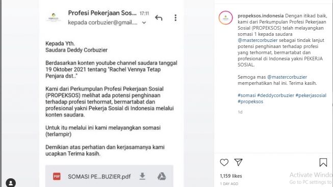 Deddy Corbuzier mendapat somasi dari Perkumpulan Profesi Pekerjaan Sosial [Instagram/@propeksos.indonesia]