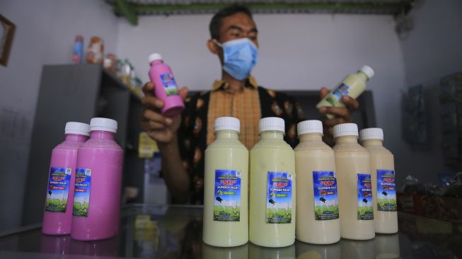 Peternak menunjukan produk olahan susu kambing etawa di koperasi Pondok Pesantren Al Urwatul Wutsqo, Sindang, Indramayu, Jawa Barat, Rabu (20/10/2021). [ANTARA FOTO/Dedhez Anggara]