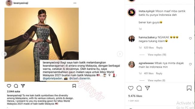 Lavanya Sivaji, Miss World Malaysia 2021 mengklaim batik berasal dari Malaysia [Instagram/@insta.nyinyir]
