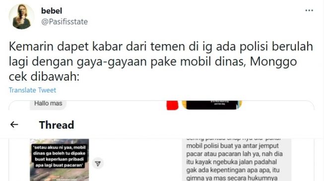 Tangkapan layar twitter Polisi pacaran pakai mobil dinas. (Twitter)