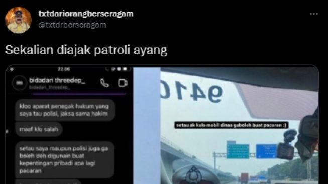 Viral oknum Polantas pakai mobil dinas untuk jalan-jalan bareng pacarnya. (Twitter/txtdrberseragam)