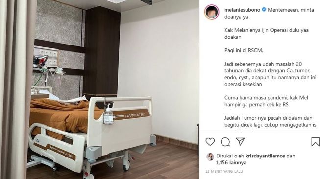 Melanie Subono mengabarkan tentang kondisi kesehatannya. Melanie akan menjalani operasi pengangkatan tumor Kamis (21/10/2021) pagi ini di RSCM, Jakarta. [Instagram]